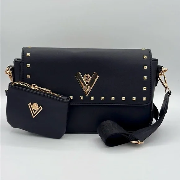 VALENTINO ORLANDI Black Studded Vegan Leather 2-way Hand & Shoulder Bag w Wallet - Picture 1 of 8